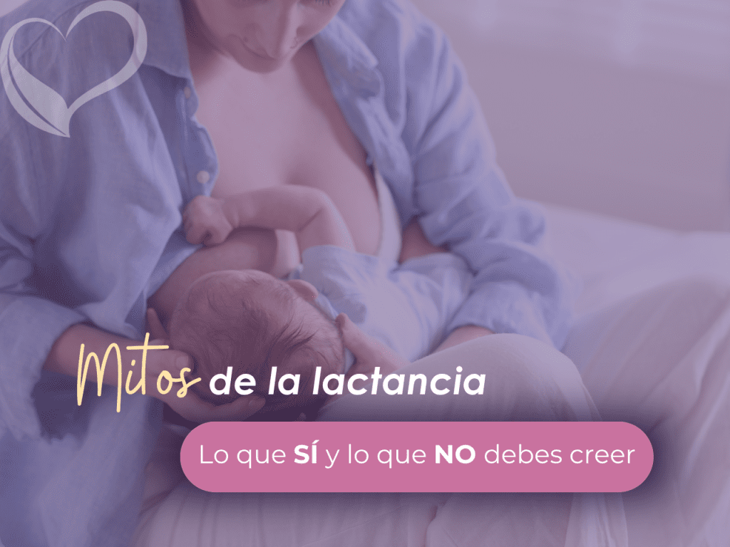 Ilustración de una madre lactando feliz y relajada, con el texto 'Mitos de la Lactancia: Lo que SÍ y lo que NO debes creer'.