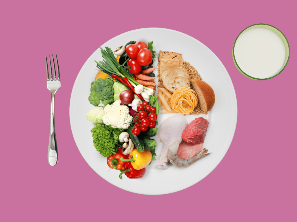 Gráfico del Método del Plato para diabetes gestacional, dividido en 1/2 de vegetales sin almidón, 1/4 de proteína y 1/4 de carbohidratos.