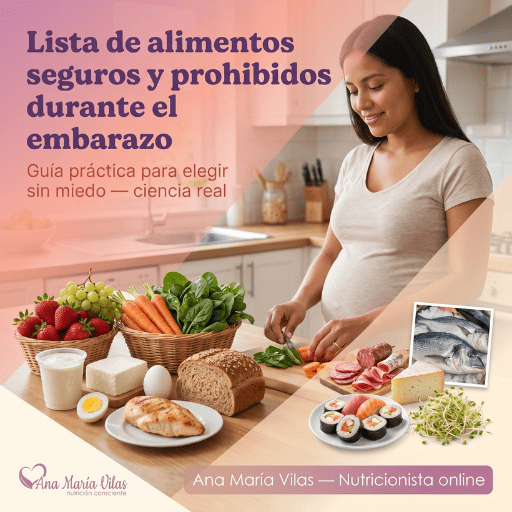 alimentos seguros y prohibidos durante el embarazo organizados en una mesa