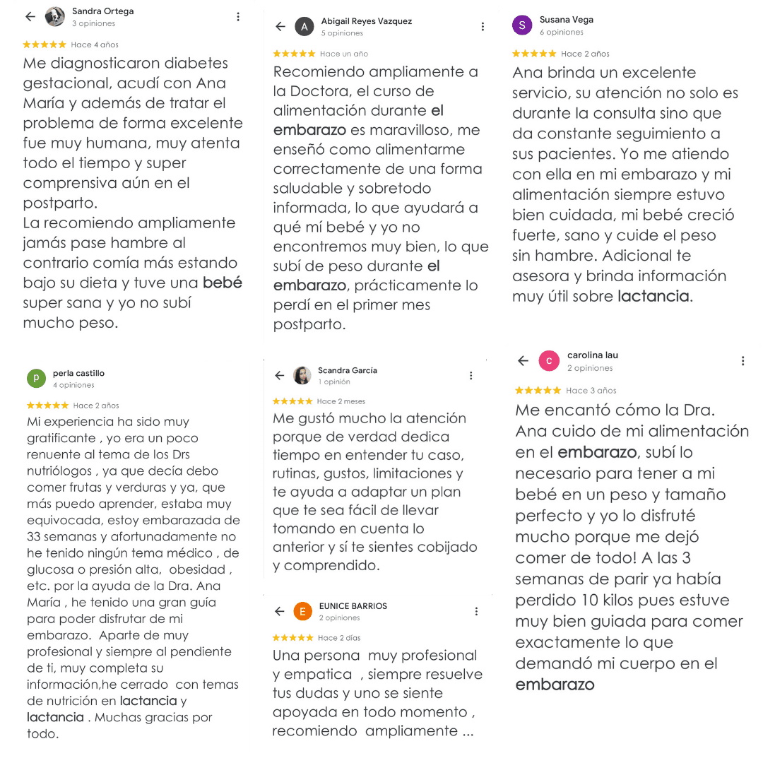 Collage de testimonios de mamás que vivieron una lactancia y un postparto más tranquilo con el acompañamiento de Ana María Vilas.