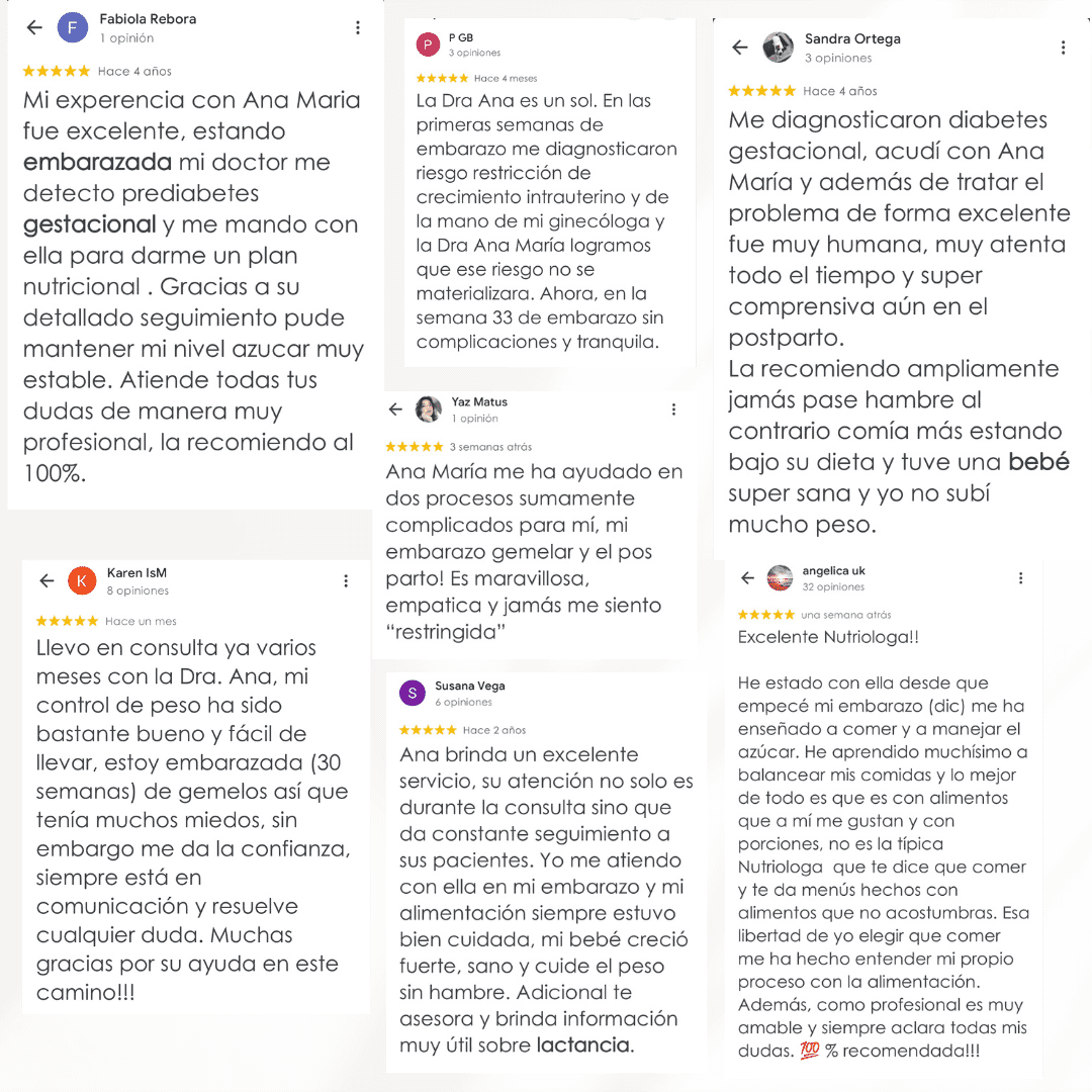 Collage de testimonios reales de mujeres embarazadas que recibieron acompañamiento nutricional y lograron un embarazo más tranquilo.”