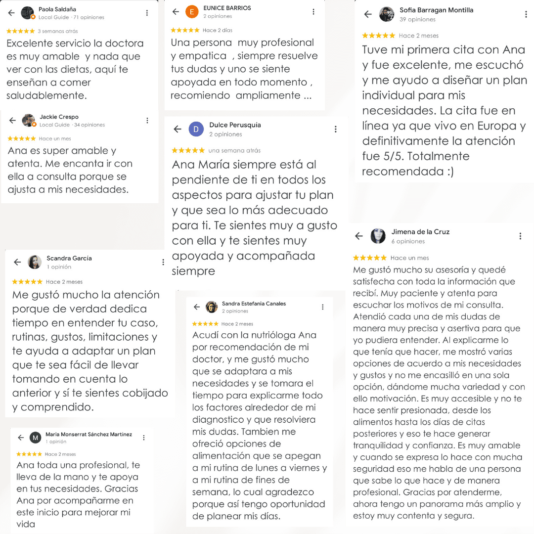 Collage de testimonios reales de mujeres que mejoraron su fertilidad y bienestar hormonal con el acompañamiento nutricional personalizado de Ana María Vilas.