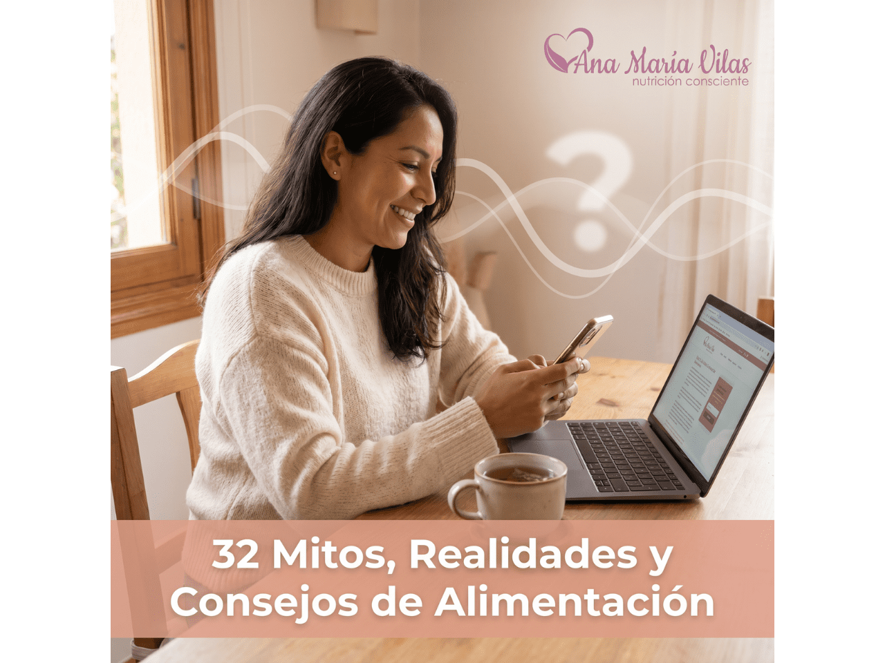 Mujer revisando su laptop con expresión de alivio mientras bebe una infusión, con íconos suaves que simbolizan dudas aclaradas sobre alimentación.