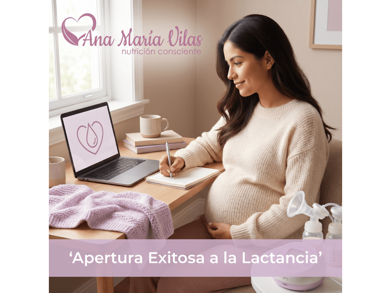 Mujer embarazada tomando notas mientras ve un curso online sobre lactancia, con iconos suaves de banco de leche y un extractor en el ambiente.