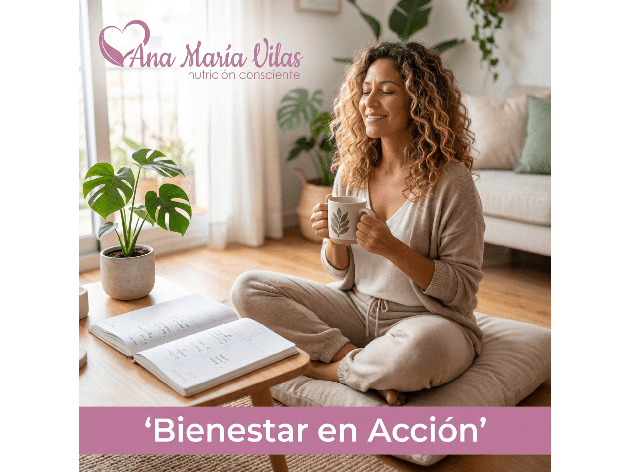 Mujer organizando su plan semanal mientras disfruta un momento de autocuidado, representando el bundle Bienestar en Acción.