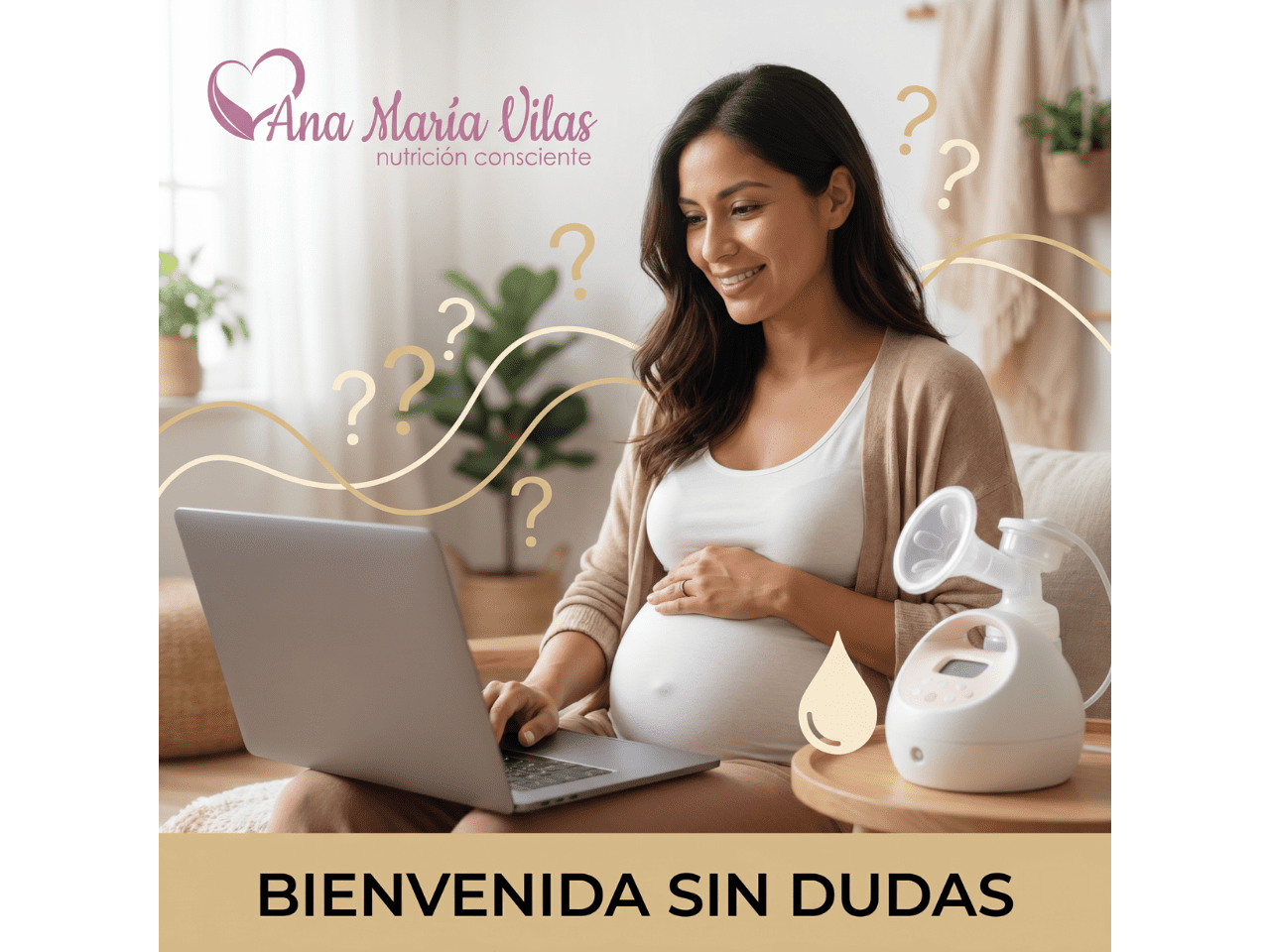 Mujer embarazada mirando su laptop con símbolos suaves de mitos y lactancia, representando el bundle Bienvenida Sin Dudas.