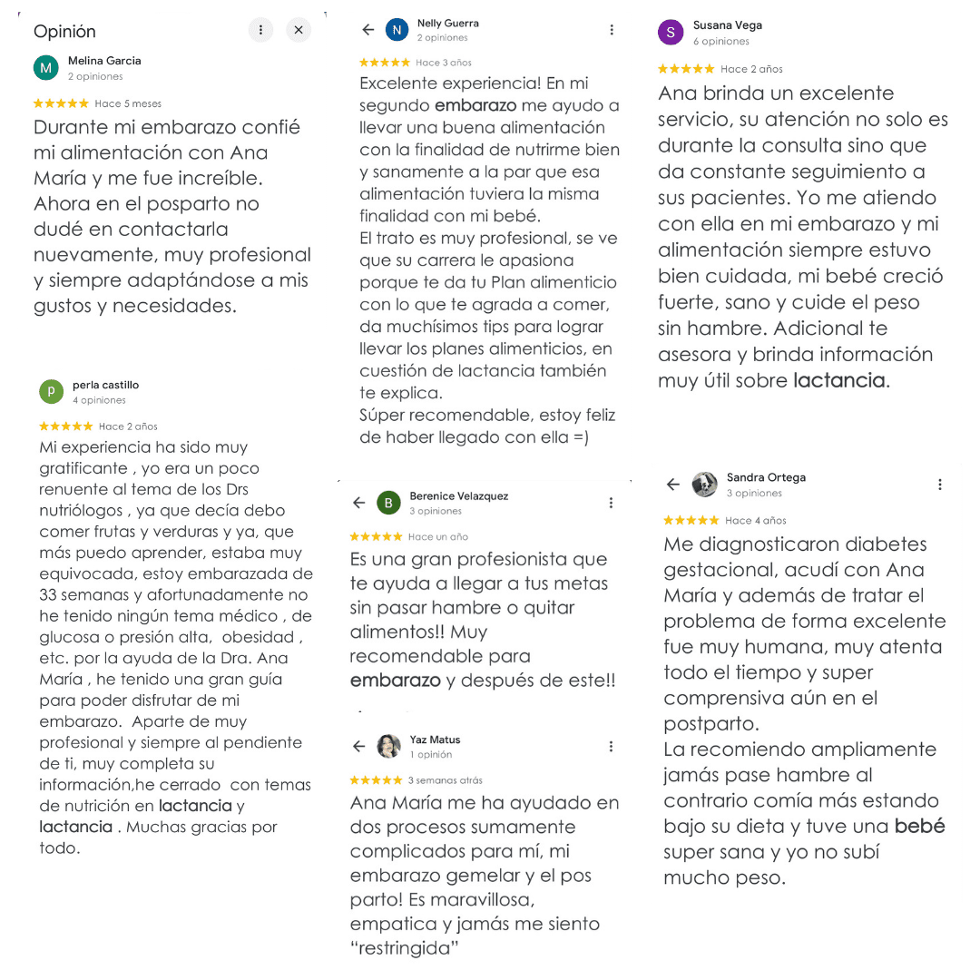 Collage de testimonios reales de mujeres que vivieron una lactancia y un postparto más tranquilos gracias al acompañamiento y cursos de Ana María Vilas.