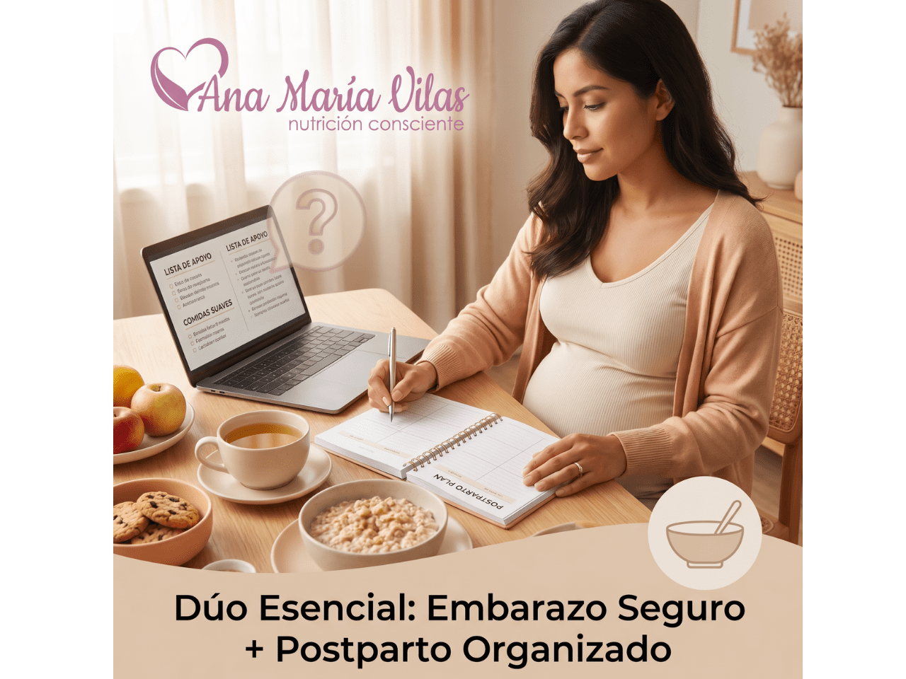 Mujer embarazada organizando su agenda y revisando recursos para planear su postparto, representando el bundle Dúo Esencial.