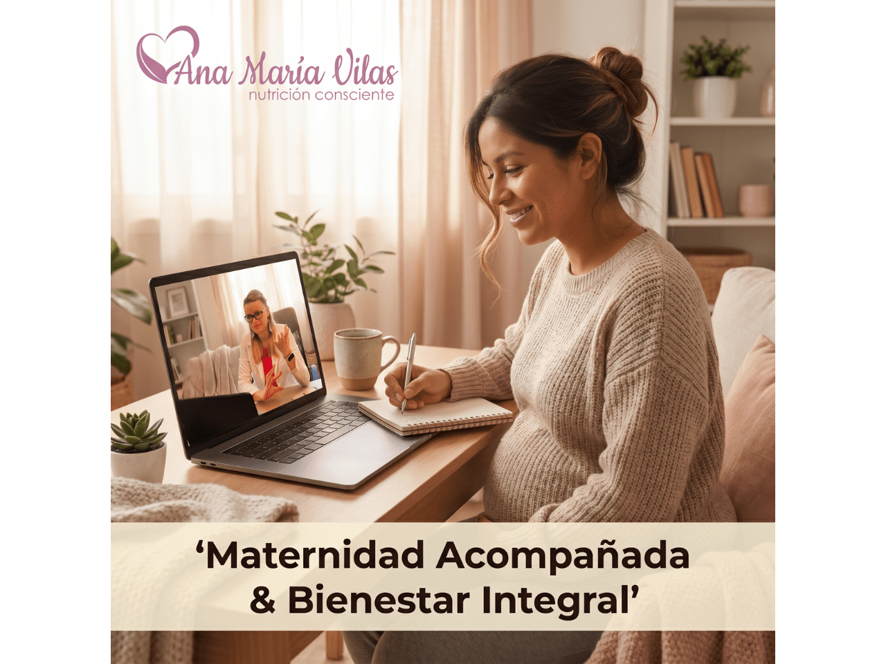 Mujer embarazada recibiendo acompañamiento online en un ambiente cálido, representando el paquete Maternidad Acompañada & Bienestar Integral.