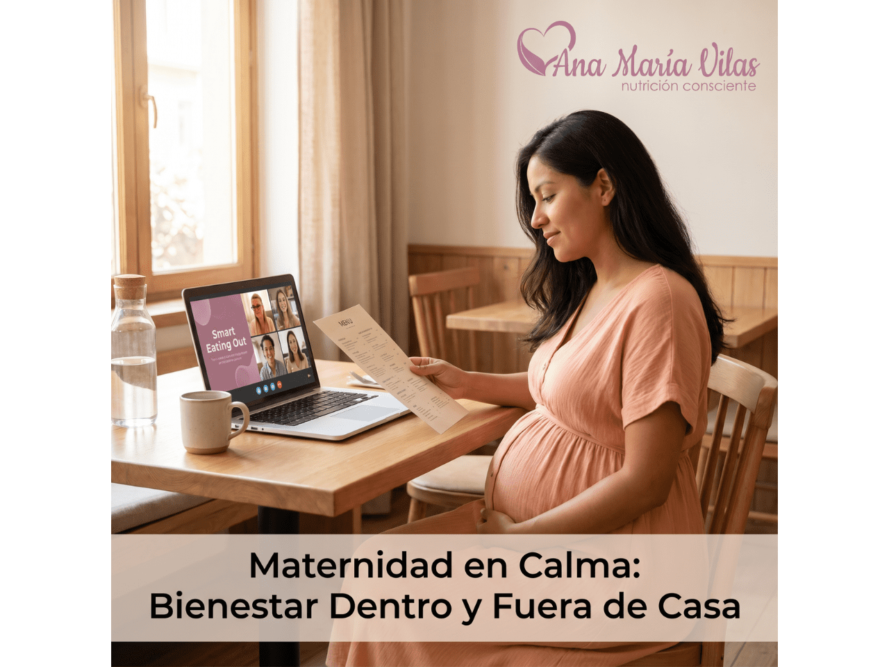 Mujer embarazada revisando opciones para comer fuera con apoyo profesional online, representando el paquete Maternidad en Calma.