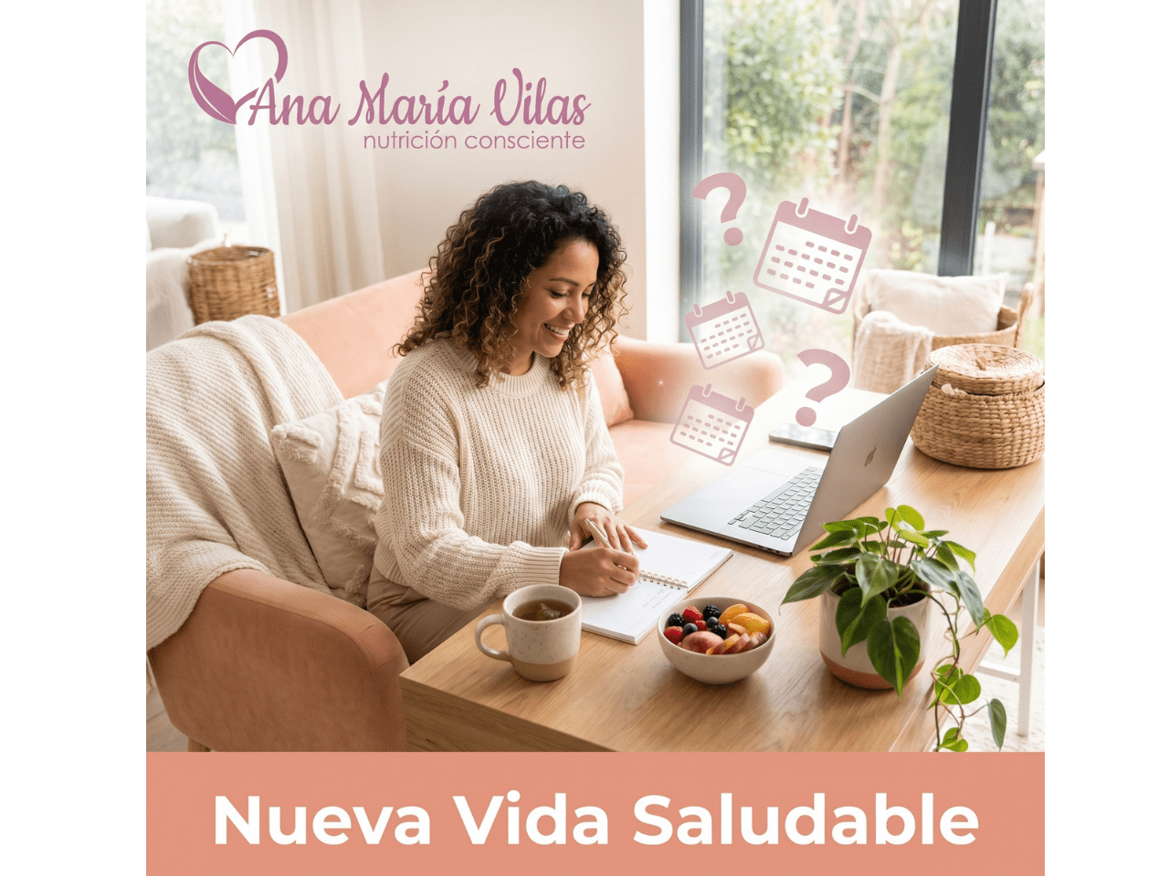 Mujer organizando su semana con su laptop y agenda, rodeada de elementos de bienestar, representando el bundle Nueva Vida Saludable.