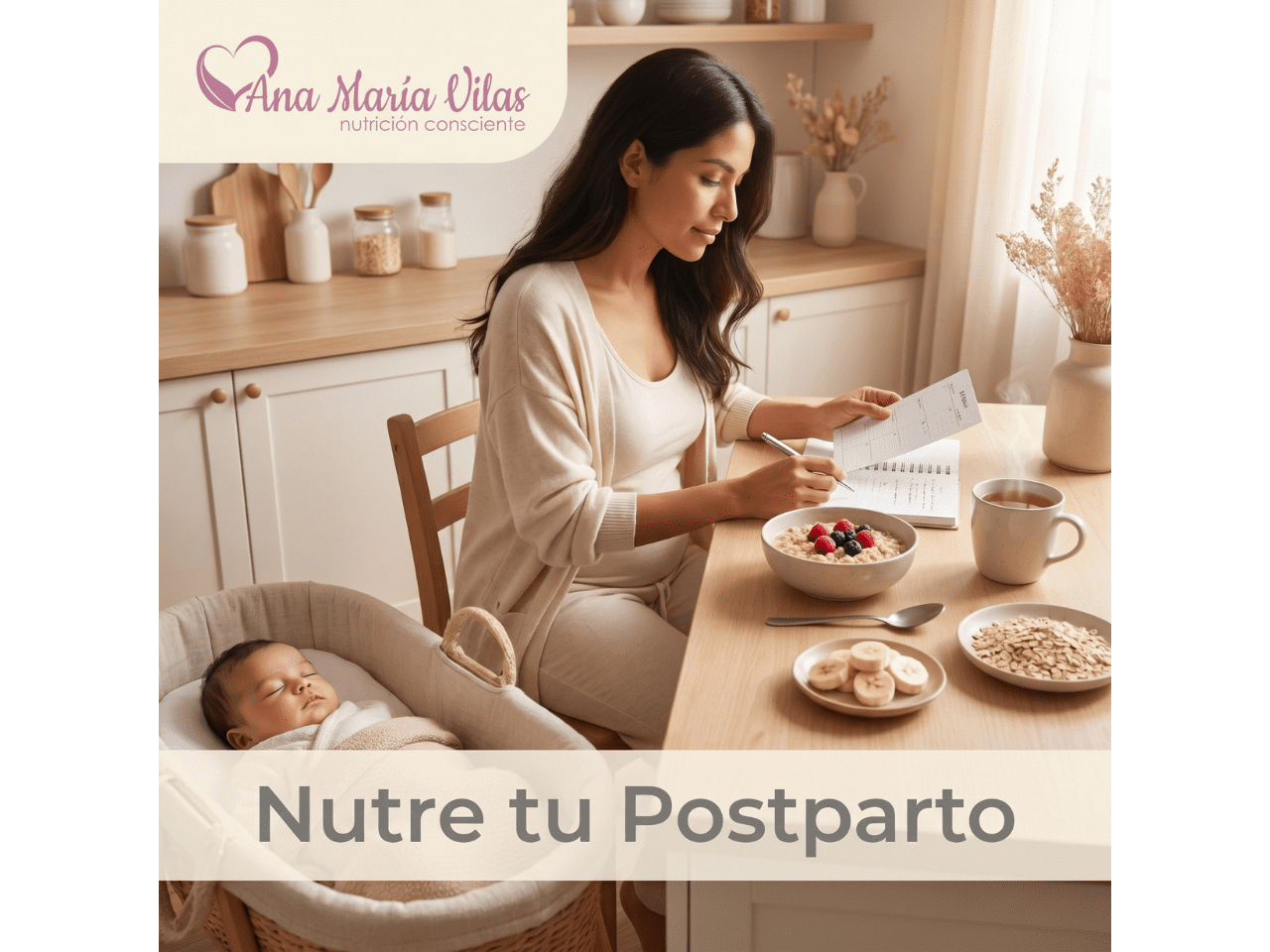 Mujer en postparto desayunando una comida sencilla mientras planifica su bienestar con su bebé cerca, representando el curso Nutre tu Postparto.