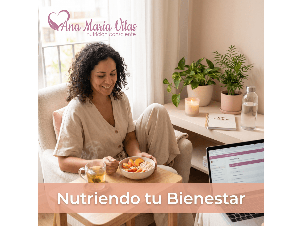 Mujer latina practicando bienestar, meditando o tomando su desayuno mientras revisa un curso online, representando hábitos sostenibles y salud hormonal.