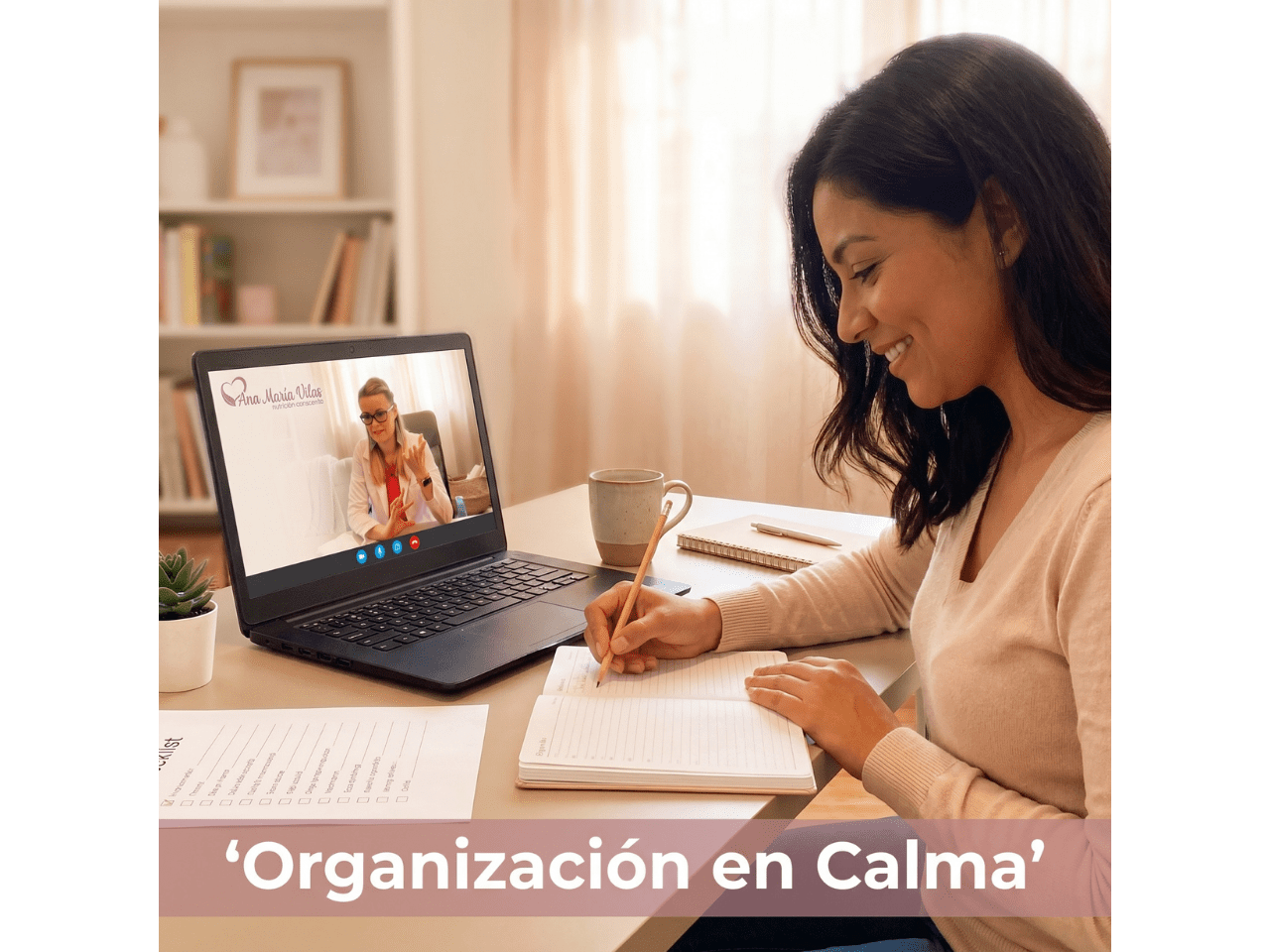 Mujer organizando su semana mientras recibe apoyo profesional online de Ana María Vilas, representando el paquete Organización en Calma.
