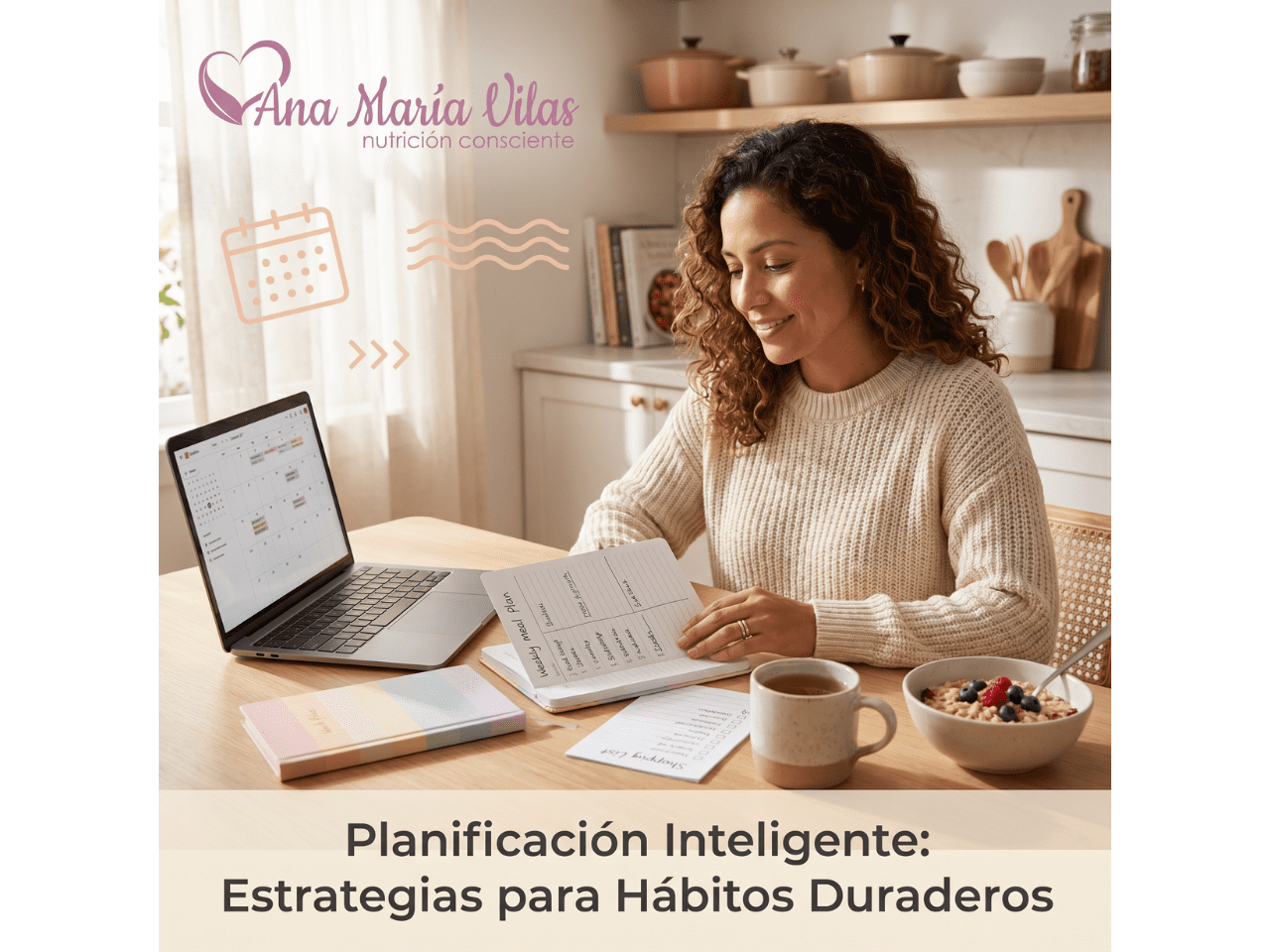 Mujer organizando su semana con agenda, laptop y lista de compras, representando el curso de planificación inteligente para hábitos duraderos.