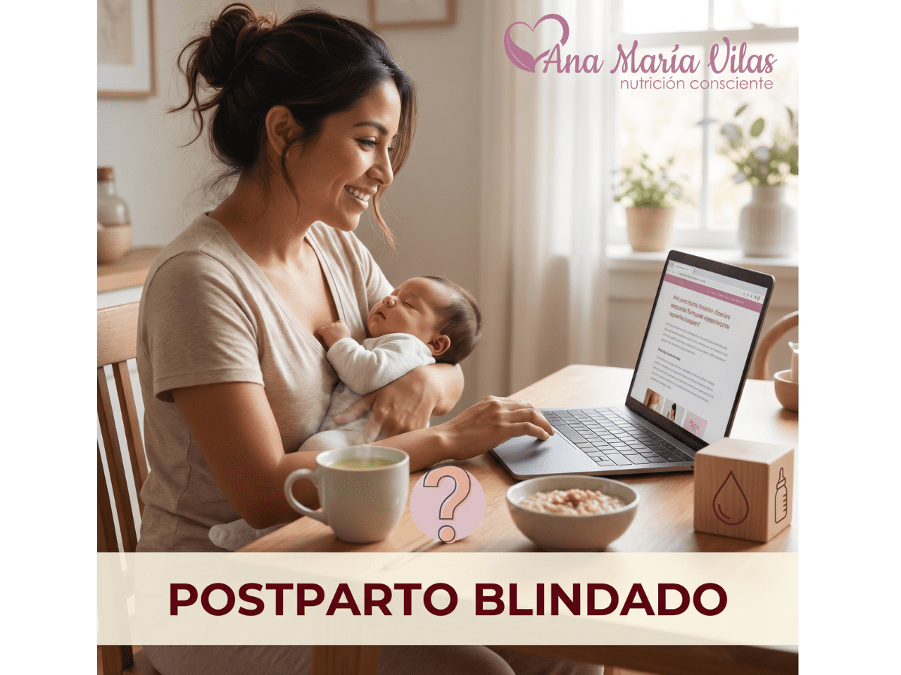 Mujer en postparto sosteniendo a su bebé mientras revisa información clara sobre lactancia y postparto en su laptop, representando el bundle Postparto Blindado.
