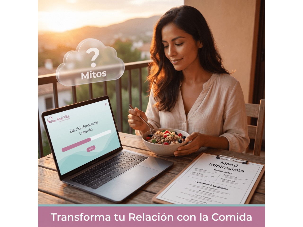 Mujer disfrutando una comida mientras realiza un ejercicio emocional o de mindfulness en su laptop, representando el bundle Transforma tu Relación con la Comida.