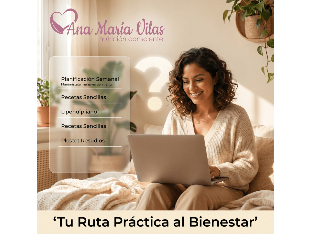 Mujer revisando su laptop con expresión de claridad, junto a un menú minimalista y símbolos de dudas, representando el bundle Tu Ruta Práctica al Bienestar.