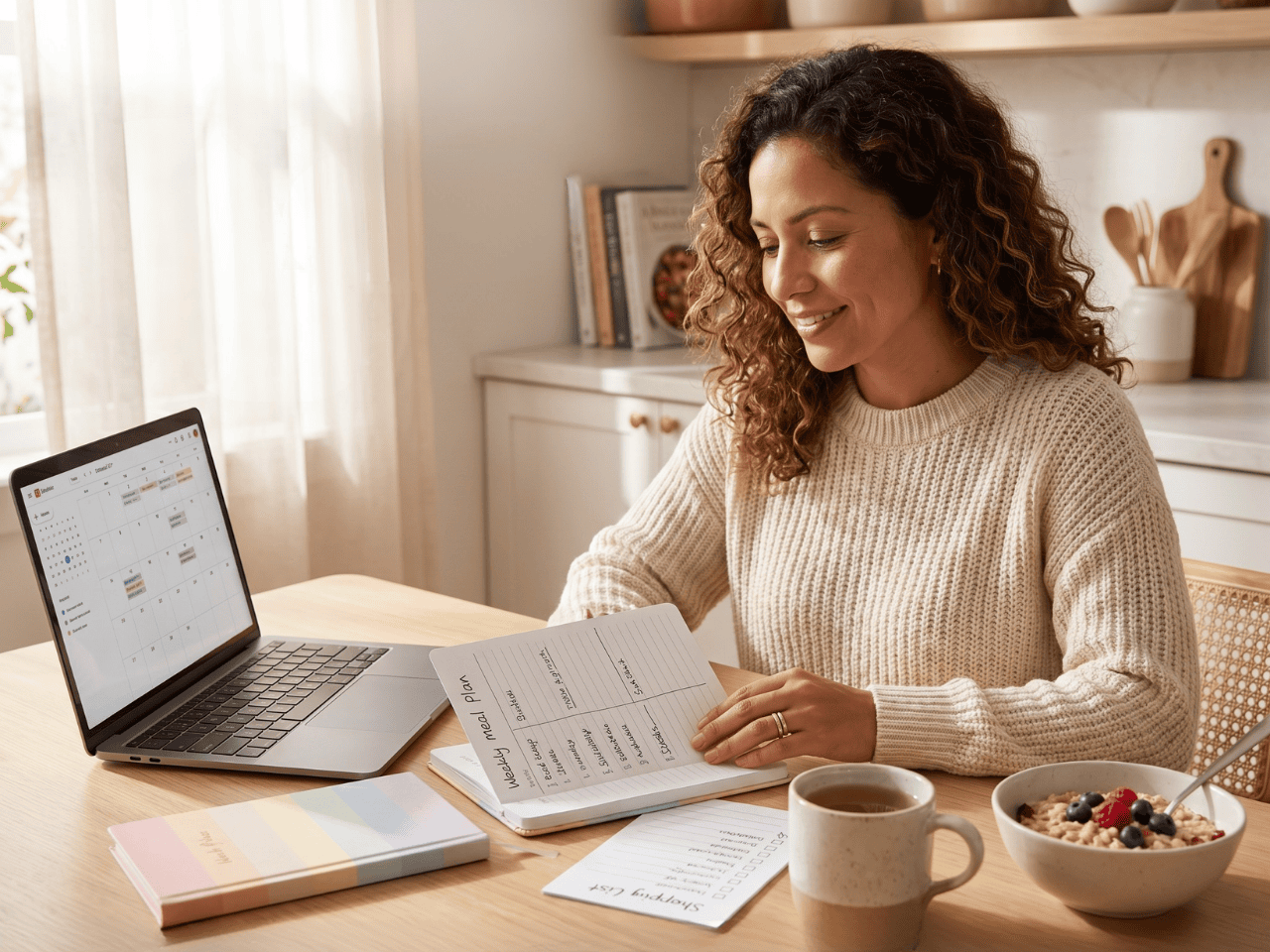 Mujer sonriente en su cocina con su laptop y su plan de alimentación, preparándose para su consulta de nutrición en línea
