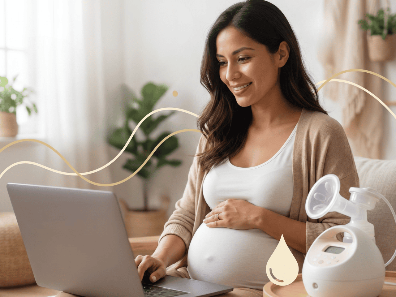 Embarazada en un espacio relajado con laptop y extractor de leche, representando preparación para embarazo, lactancia y postparto en el paquete Maternidad Total.