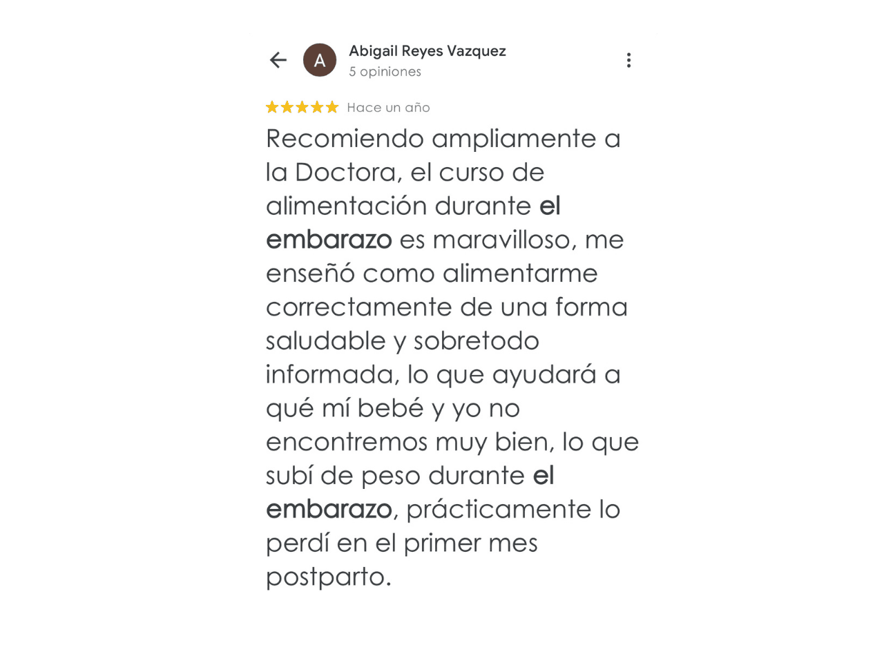 review-abigail-reyes-curso-alimentacion-embarazo.jpg Reseña de Abigail Reyes Vazquez recomendando el curso de alimentación durante el embarazo y la información clara.