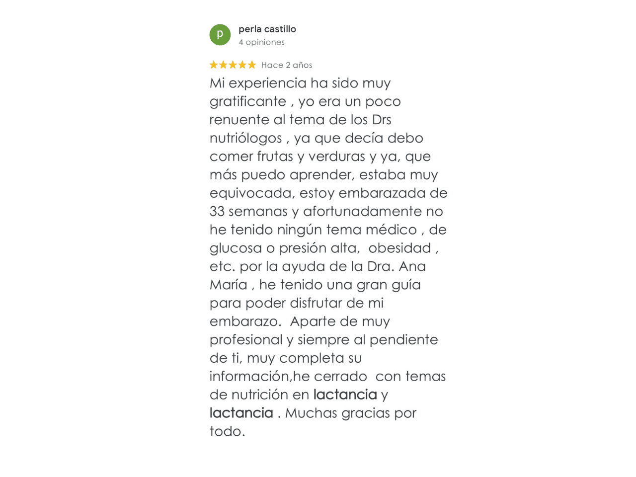review-perla-castillo-embarazo-lactancia-acompanamiento.jpg Reseña de Perla Castillo sobre acompañamiento profesional durante el embarazo y orientación en lactancia.