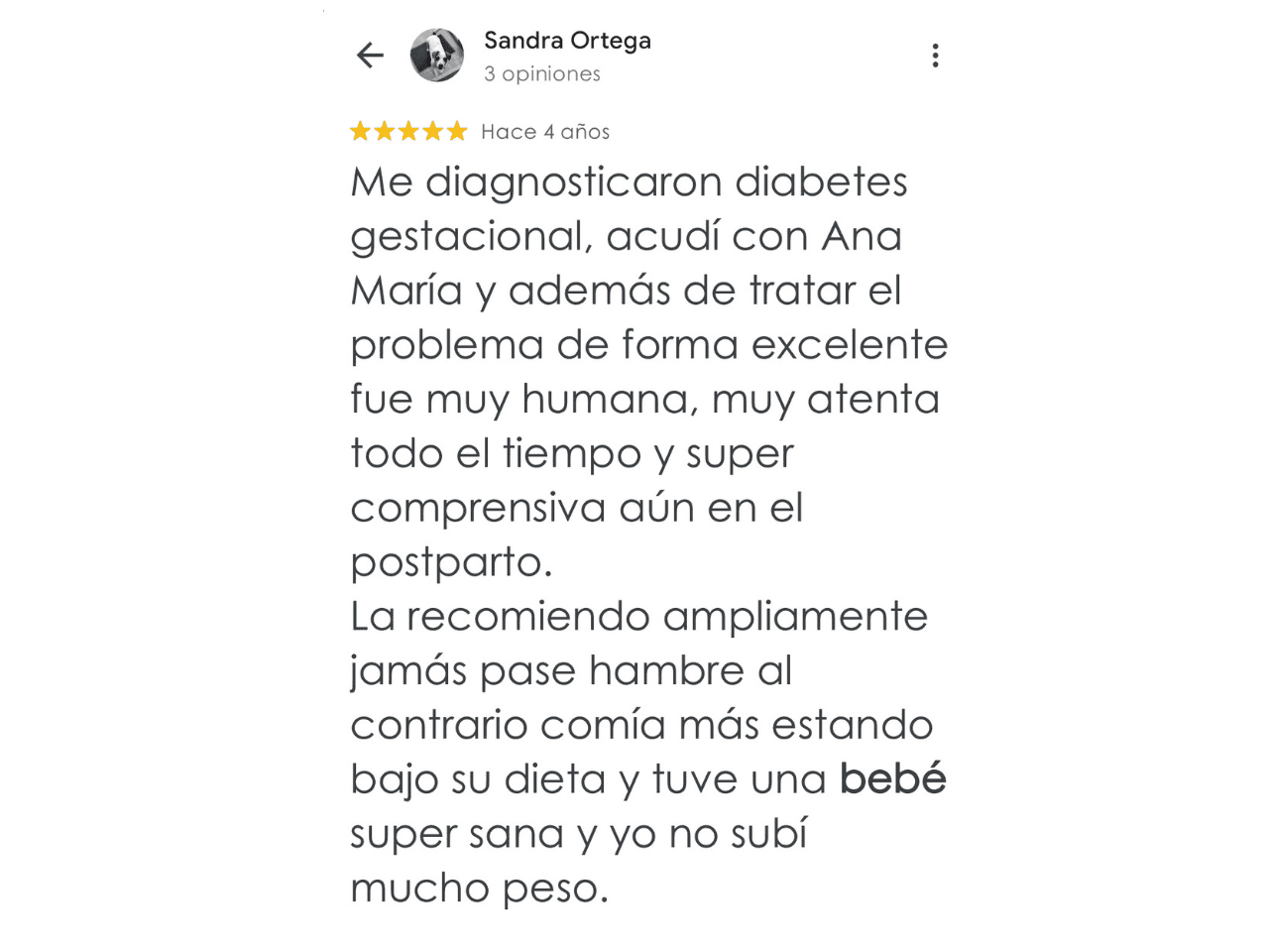 review-sandra-ortega-diabetes-gestacional-atencion-humana.jpg Reseña de Sandra Ortega sobre acompañamiento humano y apoyo durante diabetes gestacional y postparto.
