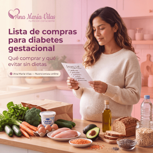 mujer embarazada con lista de compras eligiendo alimentos para diabetes gestacional