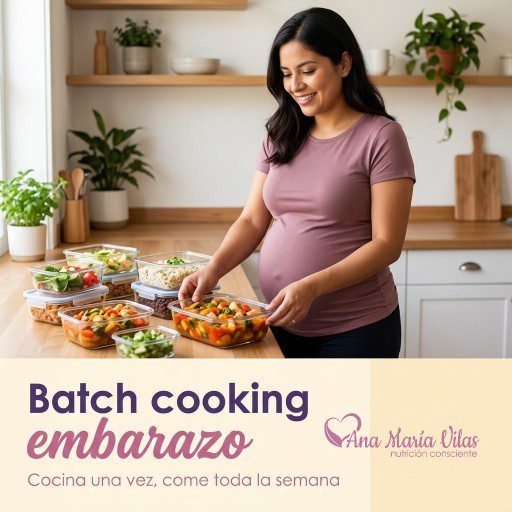Batch cooking para el embarazo: embarazada guardando comida casera en recipientes para la semana