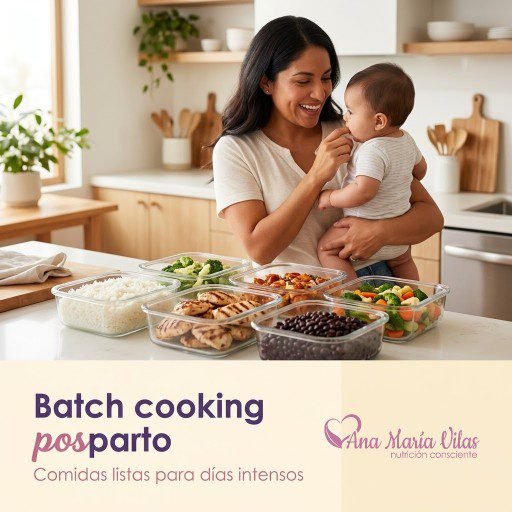 Batch cooking para el posparto: recipientes con arroz, pollo y verduras listos para la semana