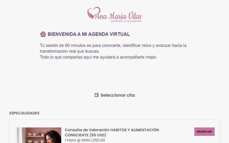Paso 1: página de la agenda en línea de Ana María Vilas, nutrióloga
