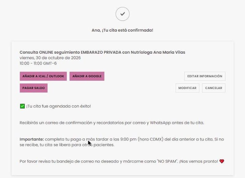 Paso 5: pantalla de cita confirmada en la agenda en línea