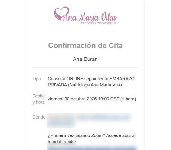 Paso 6: correo de confirmación de la cita con fecha, hora y enlace de Zoom