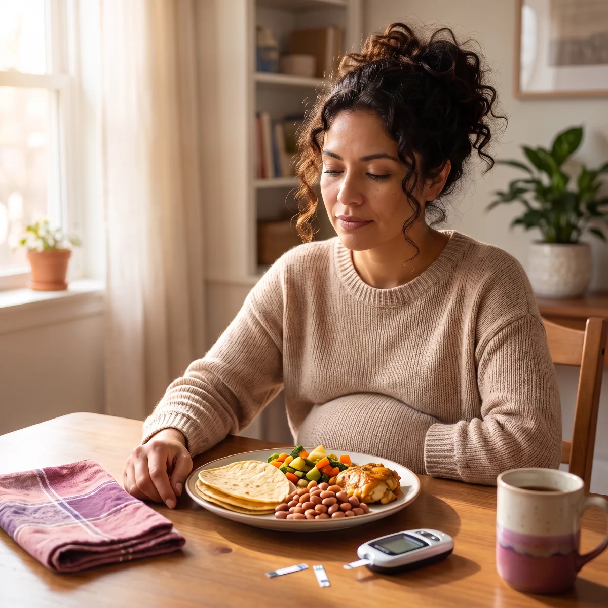 Mujer embarazada latina con un plato equilibrado y su glucómetro, consulta de diabetes gestacional en línea