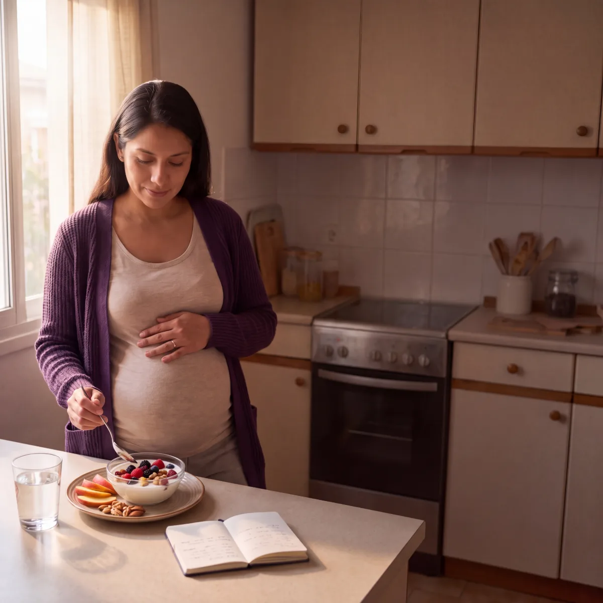 Mujer embarazada latina preparando un snack equilibrado en su cocina, consulta de nutrición en el embarazo en línea