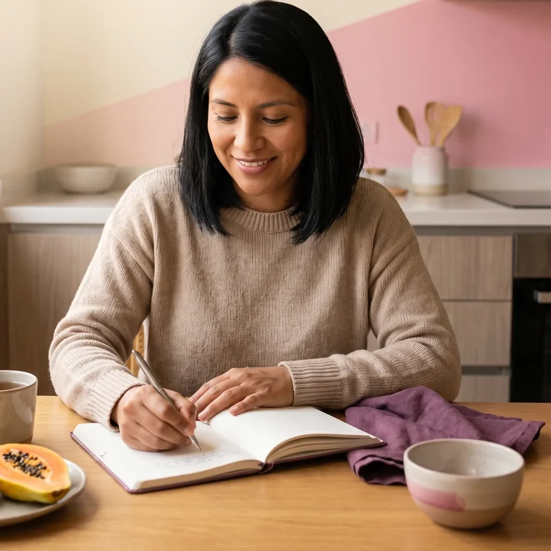 Mujer latina escribiendo en su libreta con té y fruta en su cocina, consulta de nutrición para fertilidad en línea