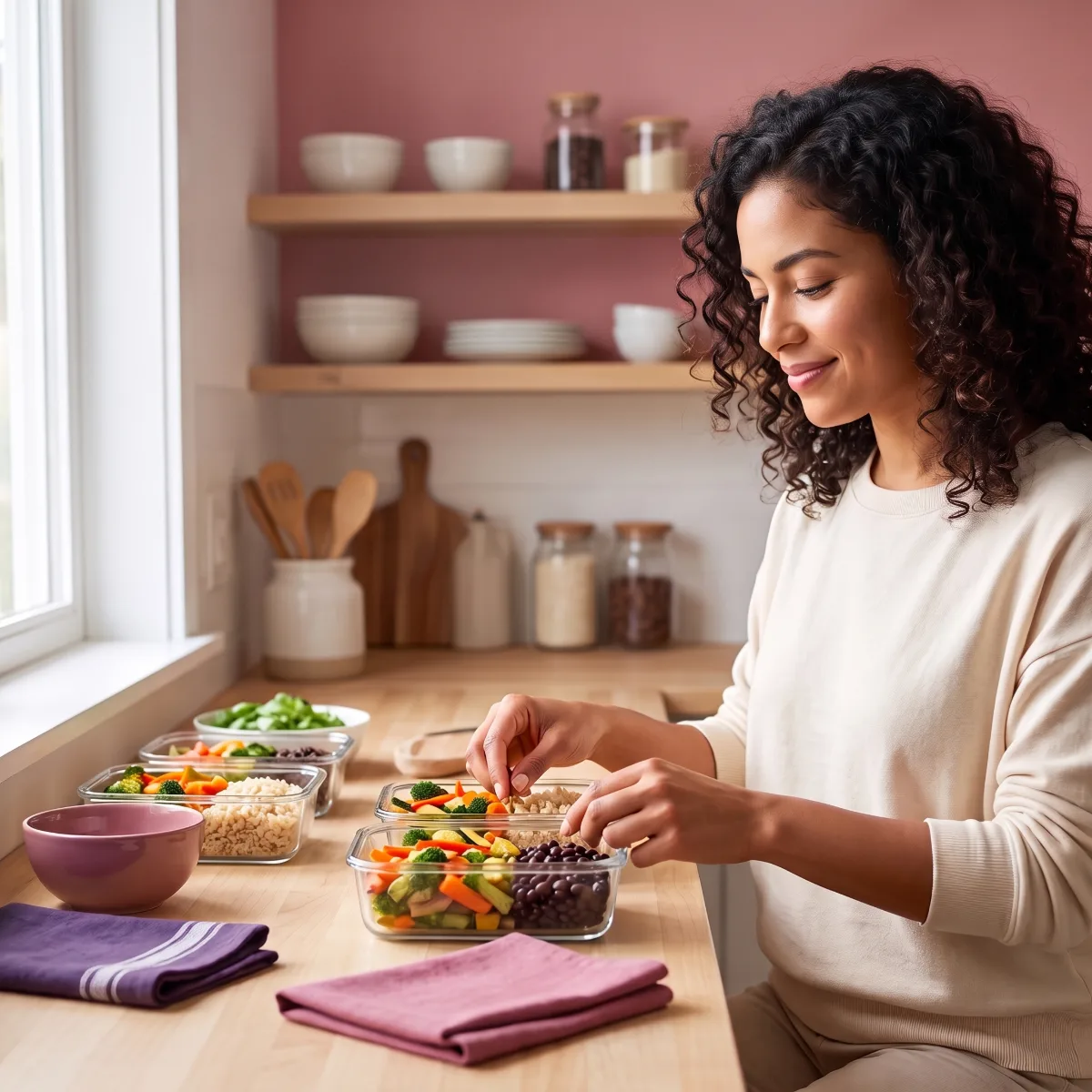 Mujer latina preparando comida en recipientes de vidrio, consulta de nutrición para SOP y salud hormonal en línea