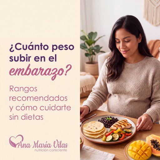 Cuánto peso subir en el embarazo: embarazada tranquila con un plato casero equilibrado