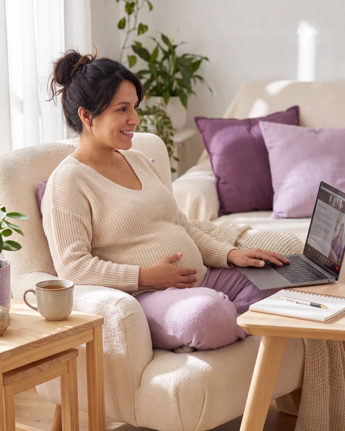Mujer embarazada tranquila en su casa, conectada a la membresía Nutre tu Maternidad desde su laptop