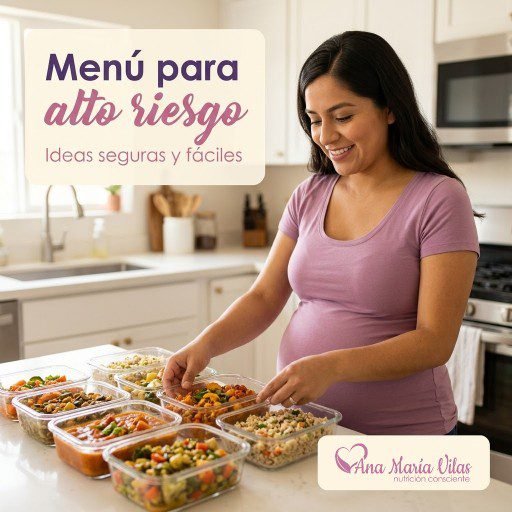 Menú semanal para embarazo de alto riesgo: embarazada organizando comida preparada con verduras y proteína