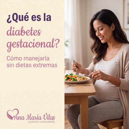 Qué es la diabetes gestacional: embarazada tranquila con un plato equilibrado