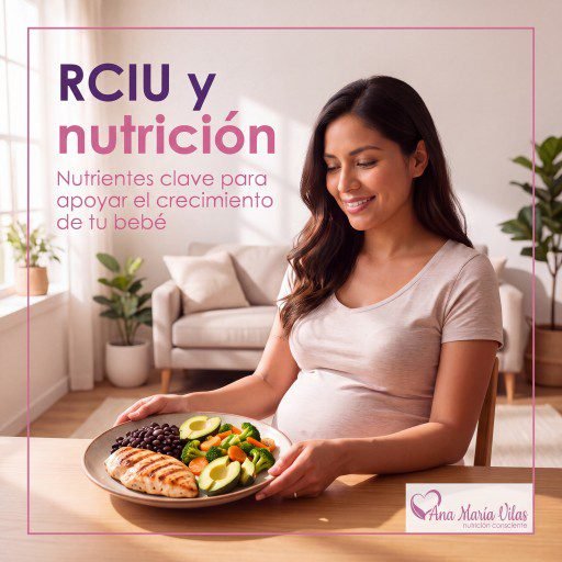 RCIU y nutrición: embarazada con un plato de pollo, frijoles, aguacate y verduras