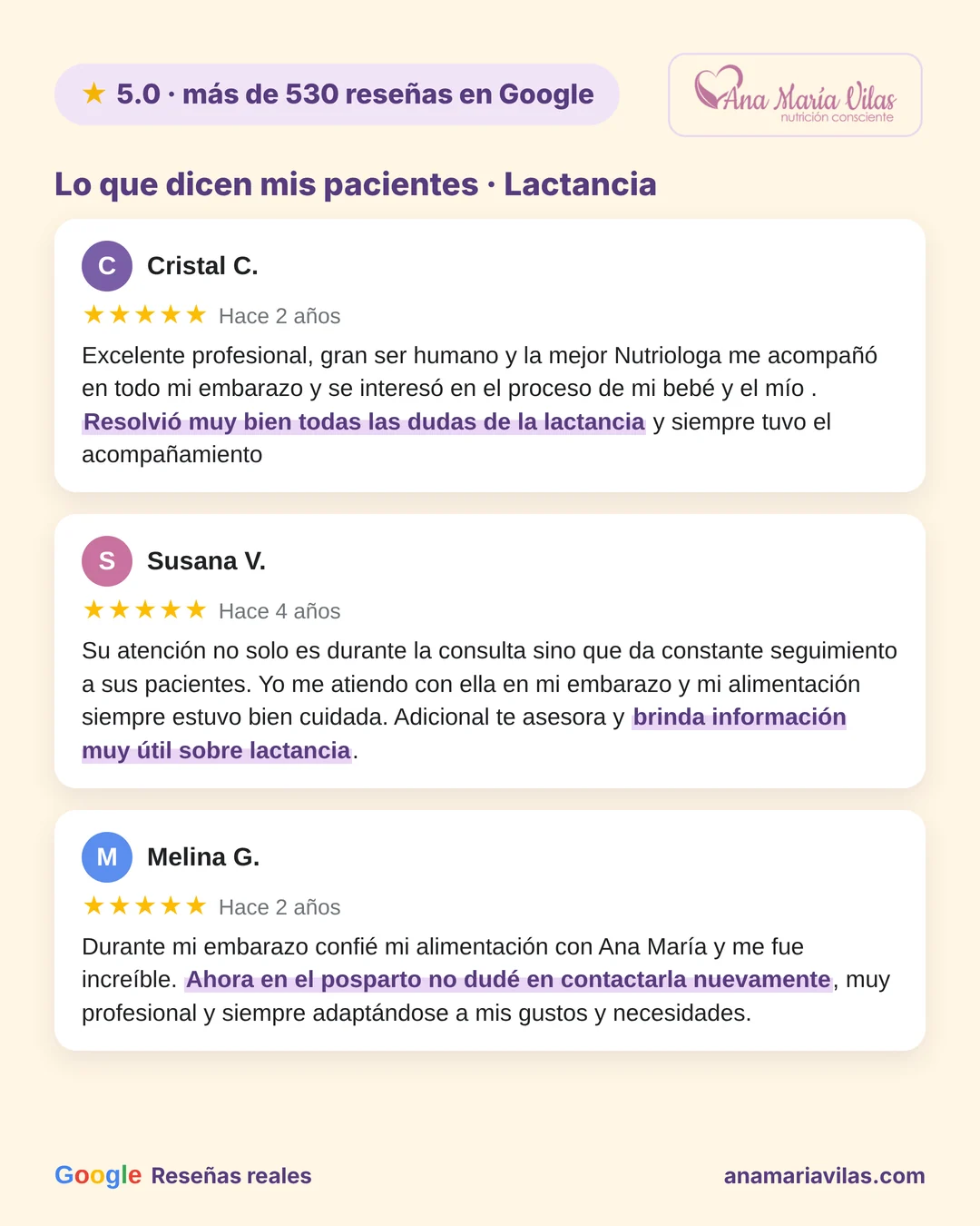 Reseñas de 5 estrellas en Google sobre asesoría de lactancia en el embarazo con Ana María Vilas