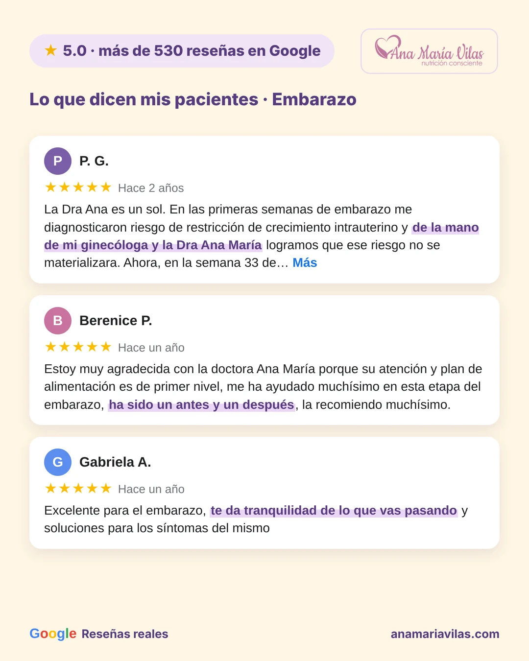 Reseñas de 5 estrellas en Google sobre consulta de nutrición en el embarazo en línea con Ana María Vilas