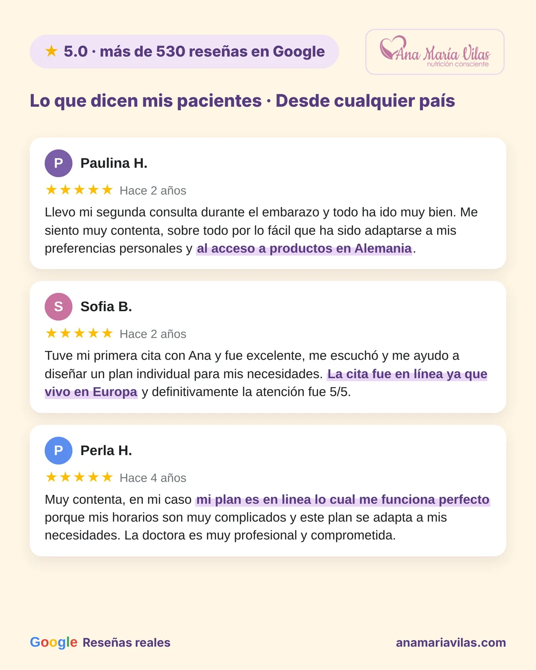 Reseñas de 5 estrellas en Google sobre nutrióloga en línea para embarazo con Ana María Vilas