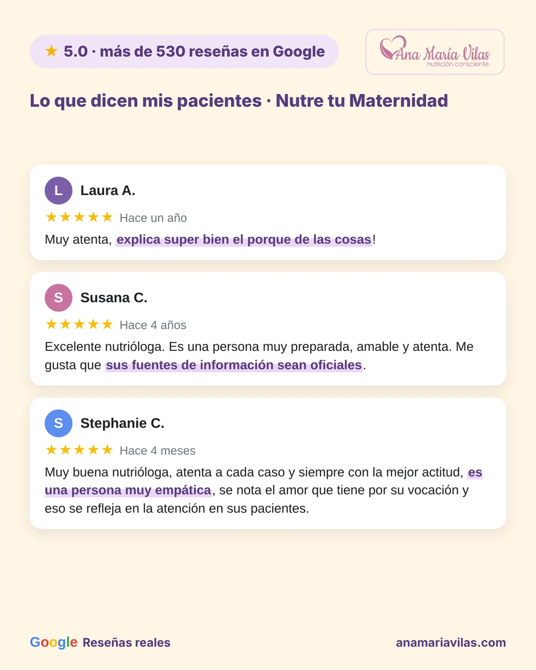 Reseñas de 5 estrellas en Google sobre membresía de nutrición para embarazo y postparto con Ana María Vilas