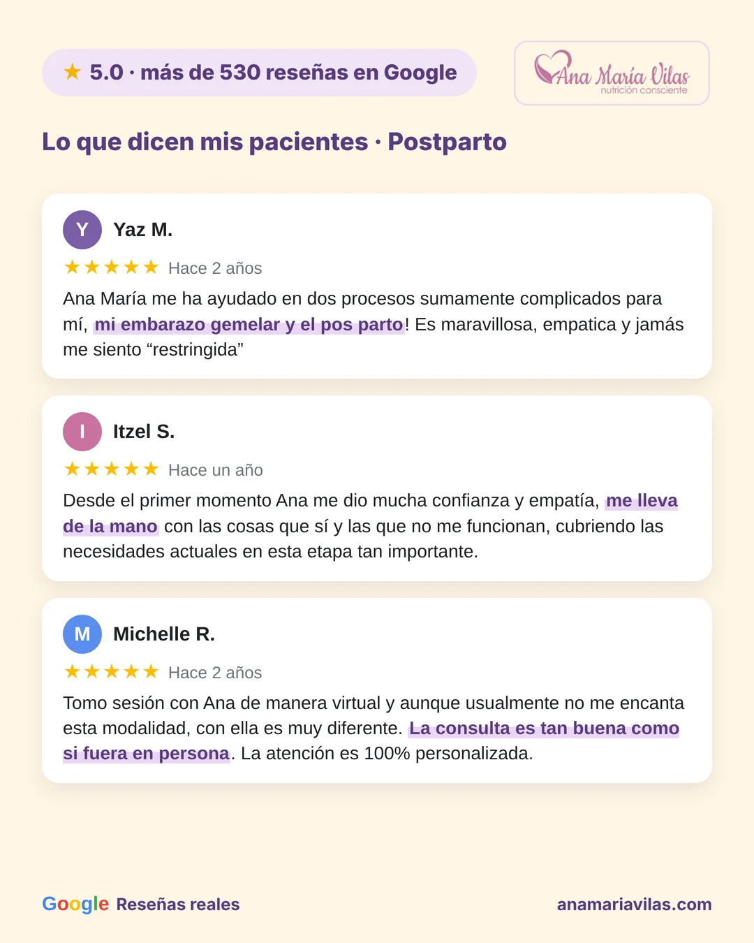 Reseñas de 5 estrellas en Google sobre nutrición postparto y lactancia en línea con Ana María Vilas