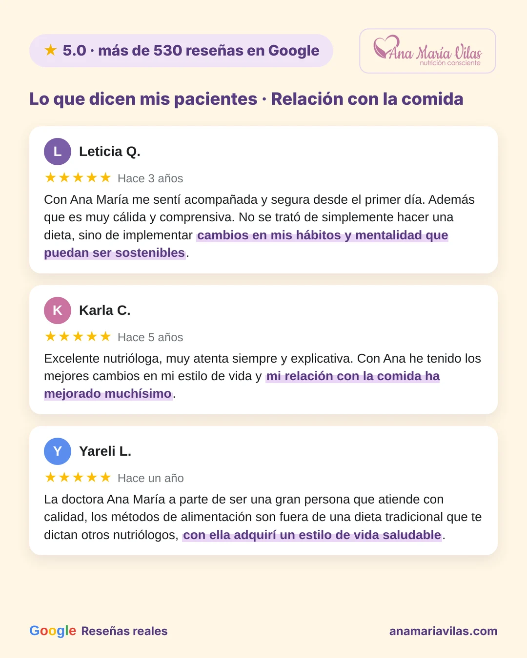 Reseñas de 5 estrellas en Google sobre consulta de nutrición para salud hormonal en línea con Ana María Vilas