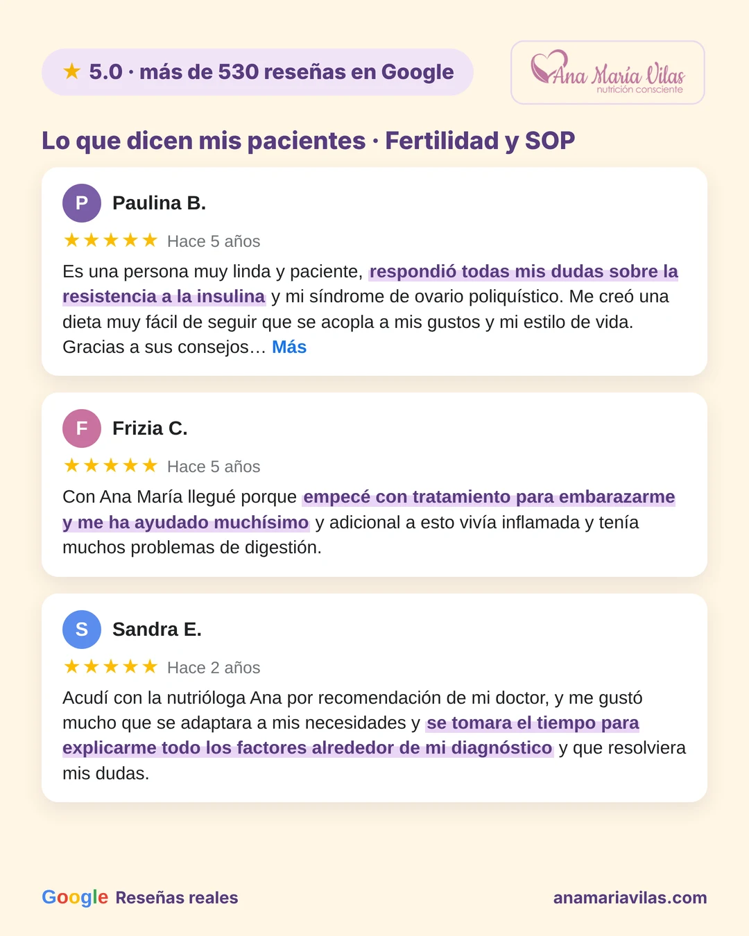 Reseñas de 5 estrellas en Google sobre consulta de nutrición para fertilidad en línea con Ana María Vilas