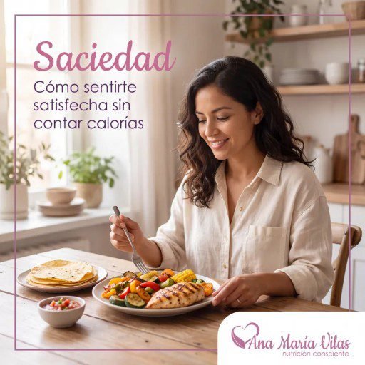 Saciedad: mujer disfrutando un plato completo y sintiéndose satisfecha